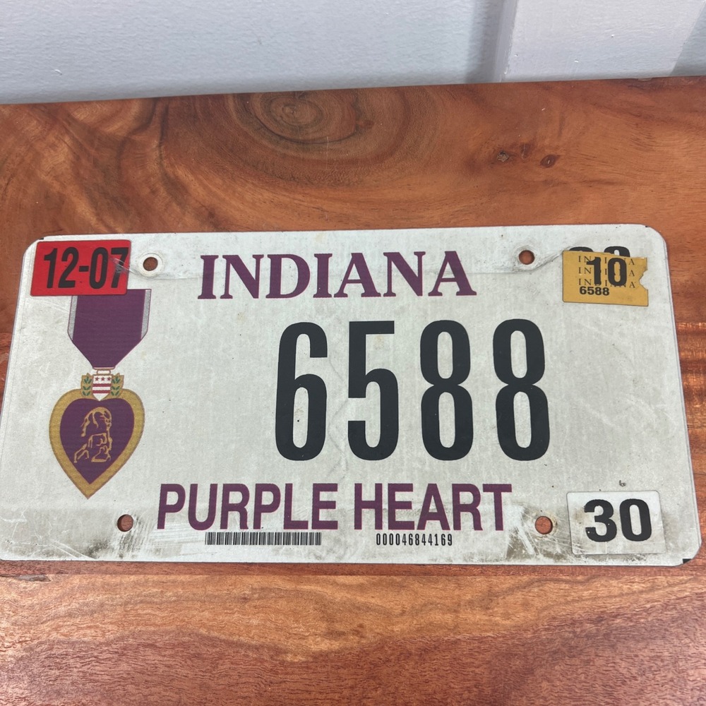 Indiana Purple Heart License Plate Veteran Military 6588 Expired 2010 Aluminum
